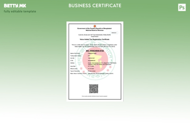 модерен стил Бангладеш Уверение за регистрација на данок на додадена вредност Ша